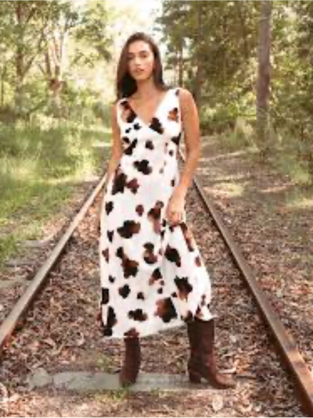 V-Neck Midi Dress in White with Brown and Black Spot Print Linen Feel